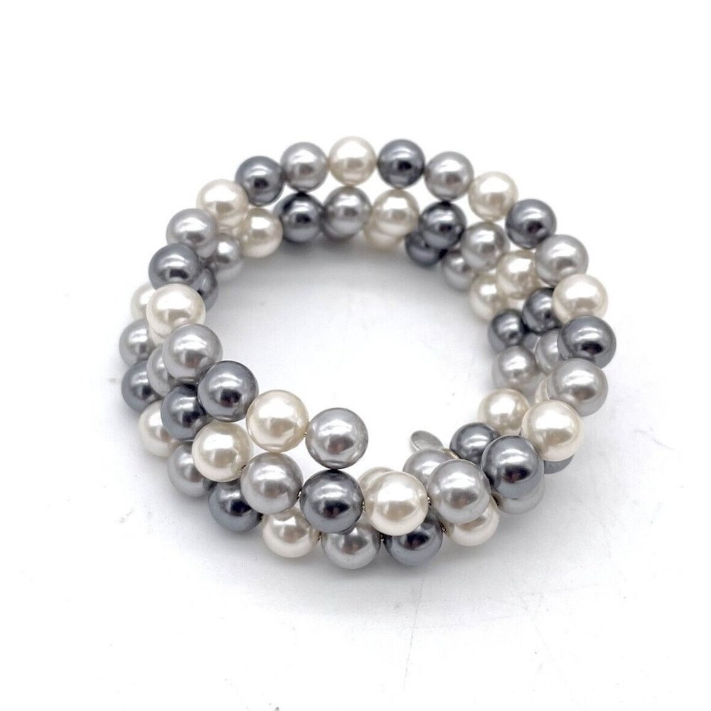 Vtg ROMAN Faux Pearl Bracelet White Silver Gray Signed RMN
